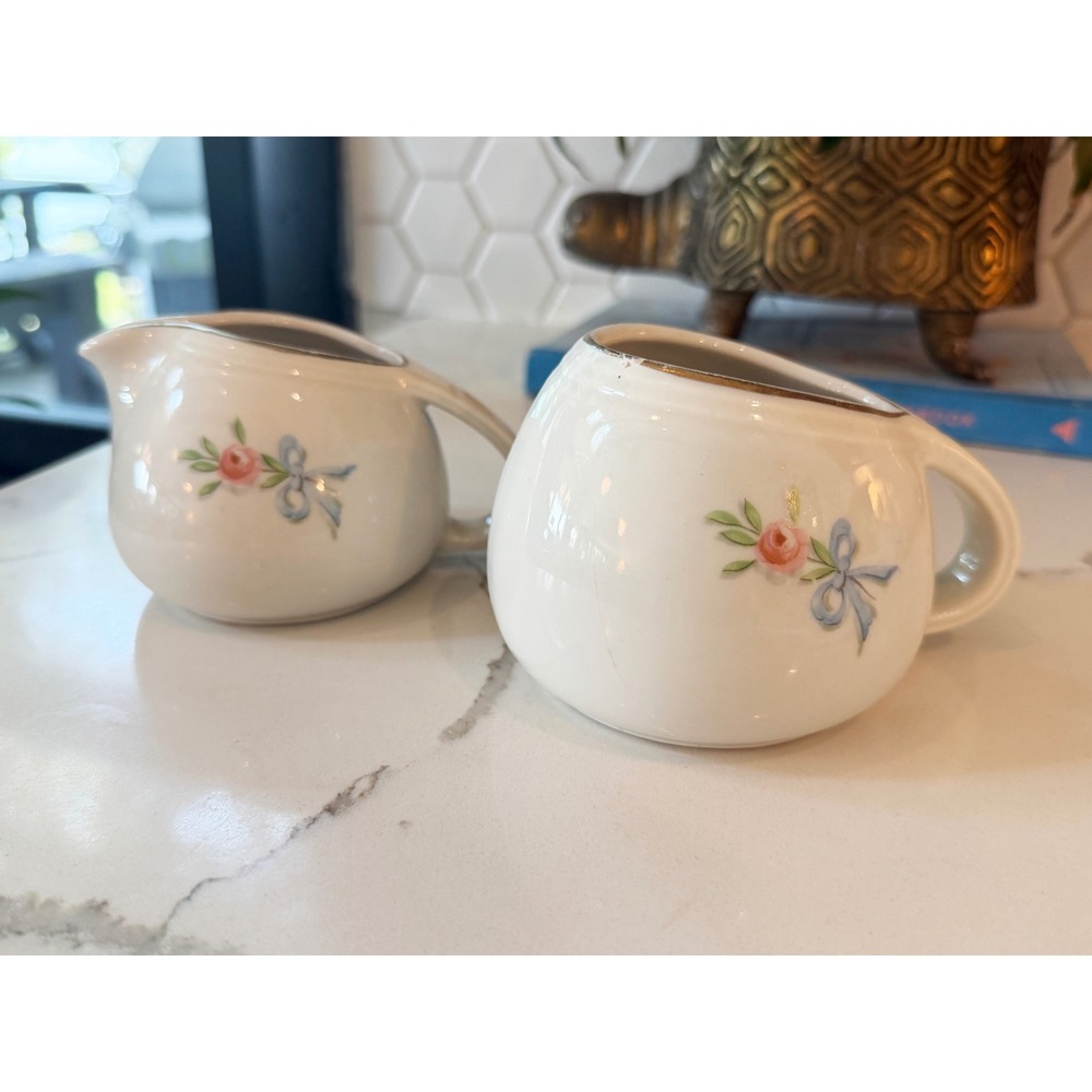 Vintage Halls Superior Quality Kitchenware Rose White Blue Bow Creamer Set of 2